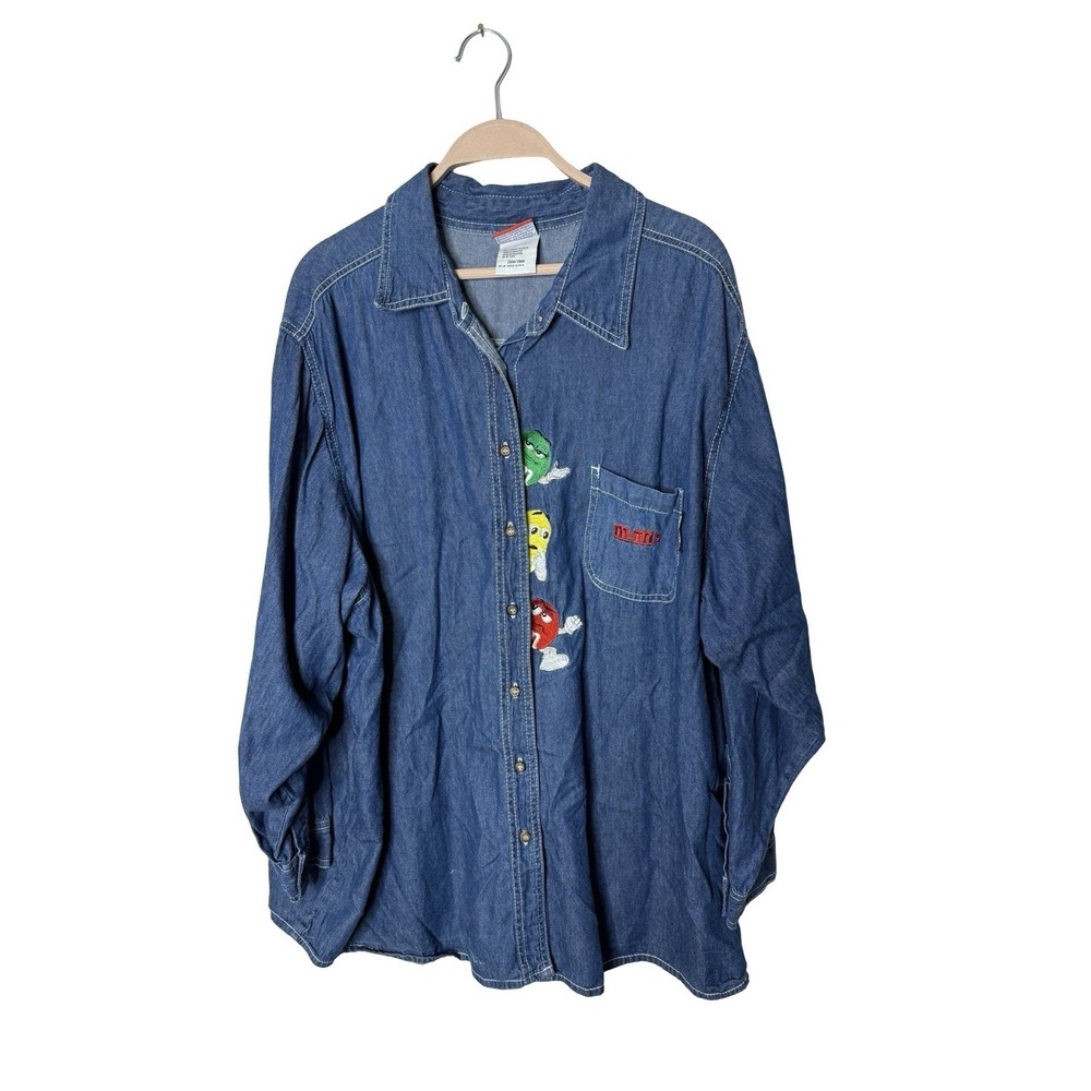 M&M's Shirt Denim Embroidered Vtg 90's Long Sleeve Button Up Womens Sz‎ 26W 28W